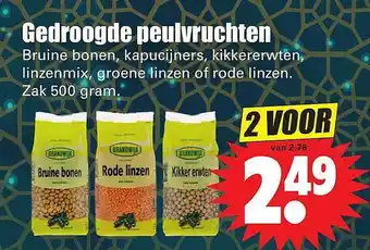 Dirk Gedroogde Peulvruchten : Bruine Bonen, Kapucijners, Kikkererwten, Linzenmix, Groenen Linzen Of Rode Linzen 500 gram aanbieding