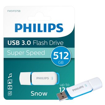 Bol.com Philips fm51fd75b usb stick - 512 gb - snow edition ocean blue - 3.0 usb type-a 3.2 gen 1 (3.1 gen 1) - wit aanbieding