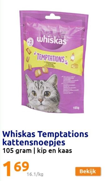 Action Whiskas Temptations kattensnoepjes 105 gram aanbieding