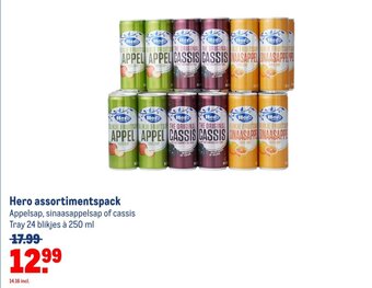 Makro Hero assortimentspack Appelsap, sinaasappelsap of cassis Tray 24 blikjes à 250 ml aanbieding