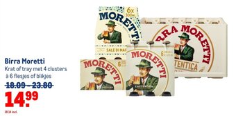 Makro Birra Moretti Krat of tray met 4 clusters à 6 flesjes of blikjes aanbieding