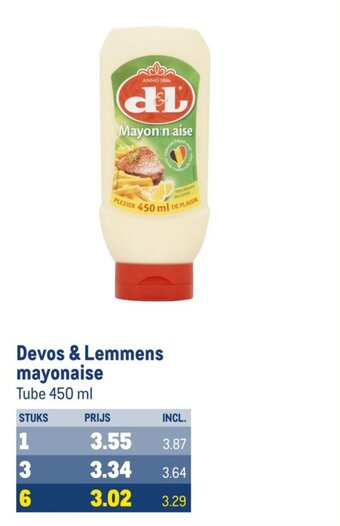 Makro Devos & Lemmens mayonaise Tube 450 ml aanbieding