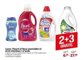 Coop Lenor, Fleuril of Reus wasmiddel of Ariel vloeibaar+ of pods aanbieding