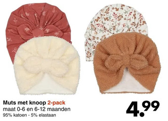 Wibra Muts met knoop 2-pack maat 0-6 en 6-12 maanden 95% katoen - 5% elastaan aanbieding