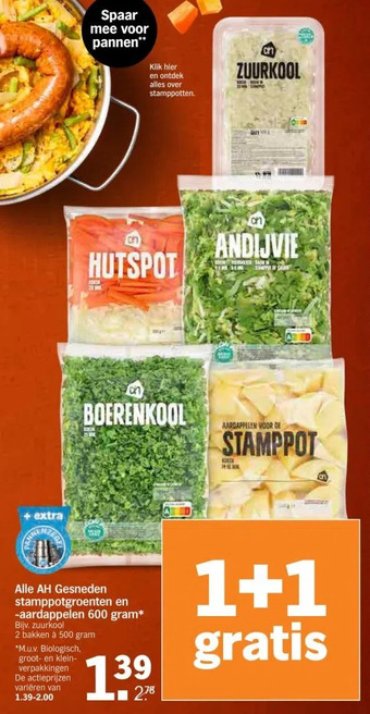 Albert Heijn Alle ah gesneden stamppotgroenten en -aardappelen 600 gram* bijv. zuurkool 2 bakken à 500 gram aanbieding