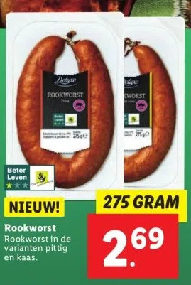 Lidl Rookworst in de varianten pittig en kaas. aanbieding