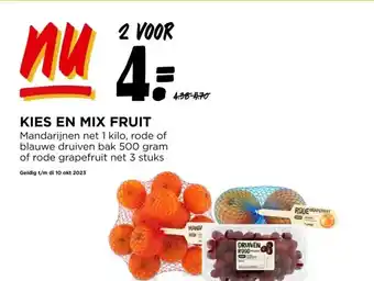 Jumbo Kies en mix fruit mandarijnen net 1 kilo, rode of blauwe druiven bak 500 gram of rode grapefruit net 3 stuks geldig t/m di 10 aanbieding