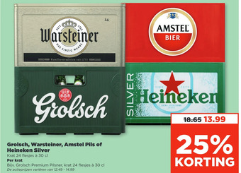 PLUS Grolsch, warsteiner, amstel pils of heineken silver aanbieding