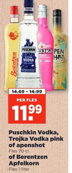 PLUS Puschkin vodka, trojka vodka pink of apenshot aanbieding