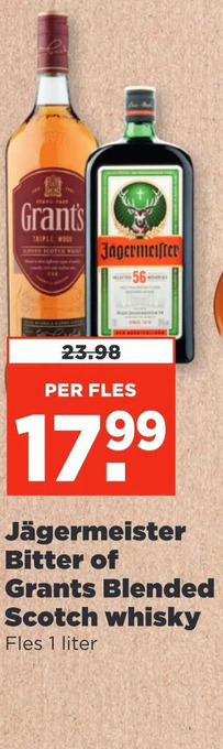 PLUS Jägermeister bitter of grants blended scotch whisky fles 1 liter aanbieding