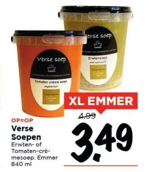 Vomar Voordeelmarkt Verse soepen erwten- of tomaten-crèmesoep. emmer 840 ml aanbieding