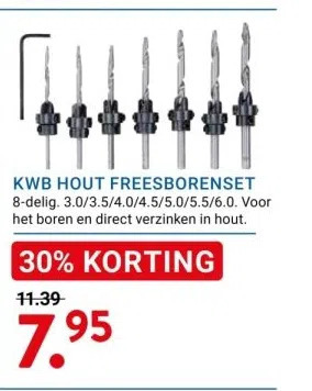 Kluswijs Kwb hout freesborenset 8-delig. 3.0/3.5/4.0/4.5/5.0/5.5/6.0. voor het boren en direct verzinken in hout. aanbieding