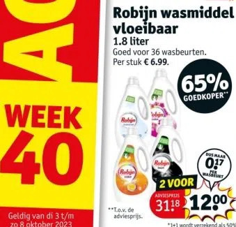 Kruidvat Robijn wasmiddel vloeibaar 1.8 liter goed voor 36 wasbeurten. per stuk € 6.99. aanbieding