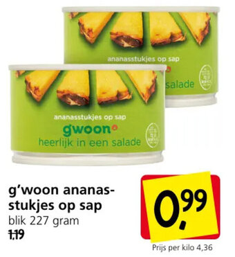 Jan Linders g'woon ananas-stukjes op sap blik 227 gram aanbieding
