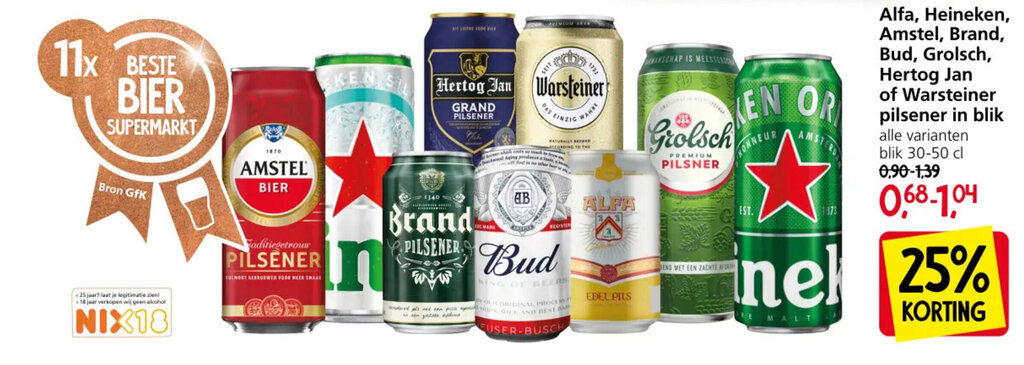 Jan Linders Alfa, Heineken, Amstel, Brand, Bud, Grolsch, Hertog Jan of Warsteiner pilsener in blik aanbieding
