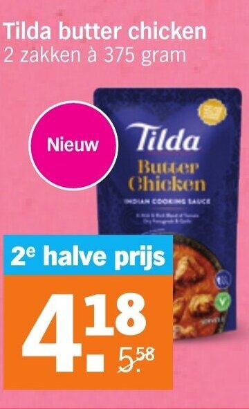 Albert Heijn Tilda butter chicken 2 zakken à 375 gram aanbieding
