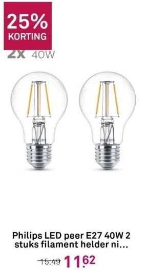 Karwei Philips led peer e27 40w 2 stuks filament helder niet dimbaar aanbieding