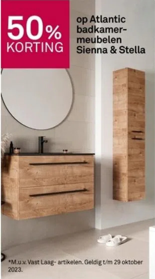 Karwei 50% korting op atlantic badkamermeubelen sienna & stella aanbieding