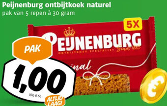 Poiesz Peijnenburg ontbijtkoek naturel pak van 5 repen à 30 gram aanbieding