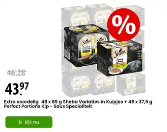 Zooplus 48 x 85 g Sheba Variaties in Kuipjes + 48 x 37,5 g Perfect Portions Kip - Saus Specialiteit aanbieding