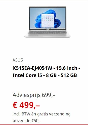 MediaMarkt ASUS X515EA-EJ4051W - 15.6 inch - Intel Core i5 - 8 GB - 512 GB aanbieding