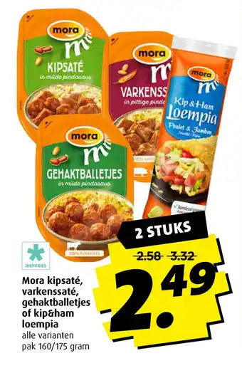 Boni Mora Kipsate, Varkenssate, Gehaktballetjes of Kip&Ham loempia 2*160/175g aanbieding