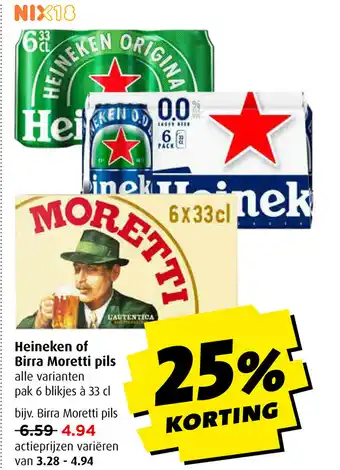 Boni Heineken of Birra Moretti pils 6*330ml aanbieding