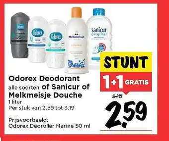 Vomar Voordeelmarkt Odorex Deodorant Of Sanicur Of Melkmeisje Douche 1+1 Gratis 1 liter aanbieding