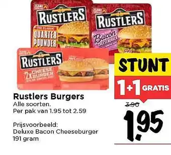 Vomar Voordeelmarkt Rustlers Burgers 1+1 Gratis 191g aanbieding