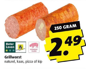 Boni Grillworst naturel, kaas, pizza of kip aanbieding