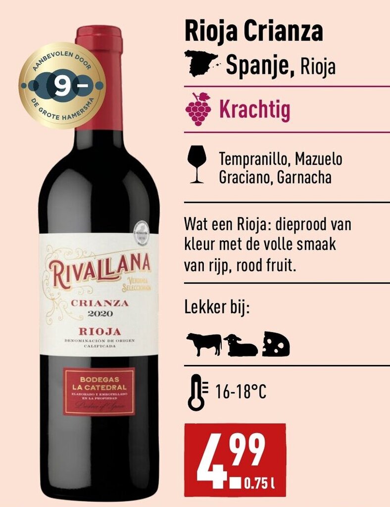 Rioja Crianza Spanje, 0.75L aanbieding bij ALDI