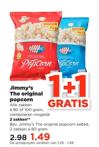 PLUS Jimmy's The original popcorn 80 of 100 gram aanbieding