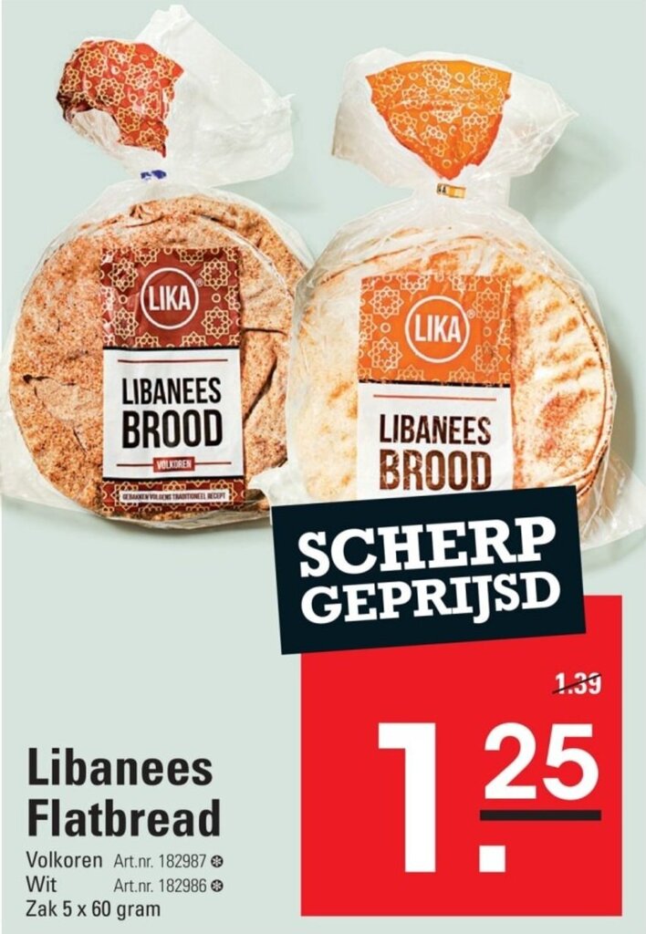 Libanees Flatbread 5 x 60 gram aanbieding bij Sligro