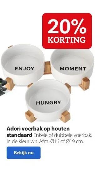 Pets Place Adori voerbak op houten standaard enkele of dubbele voerbak. in de kleur wit. afm. ø16 of 019 cm. aanbieding