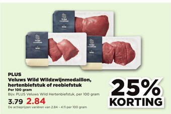 PLUS Veluws Wild Wildzwijnmedaillon, hertenbiefstuk of reebiefstuk 100 gram aanbieding