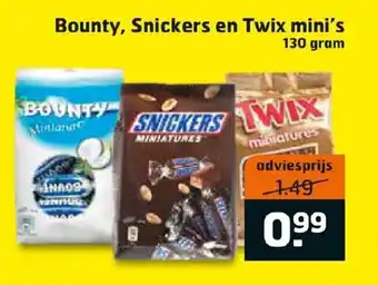 Trekpleister Bounty, snickers en twix mini's 130g aanbieding