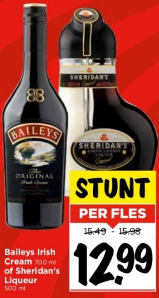 Baileys Irish Cream 700 ml of Sheridan's Liqueur 500 ml aanbieding bij