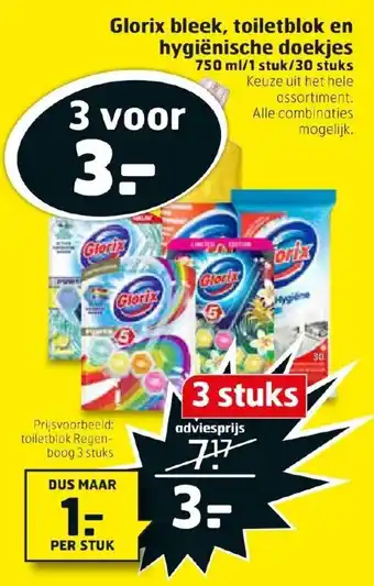 Trekpleister Glorix bleek, toiletblok en hygienische doekjes 750ml aanbieding