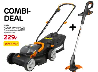 Praxis Tuincentrum Worx accu twinpack graasmaaier type wg927e + grastrimmer. aanbieding