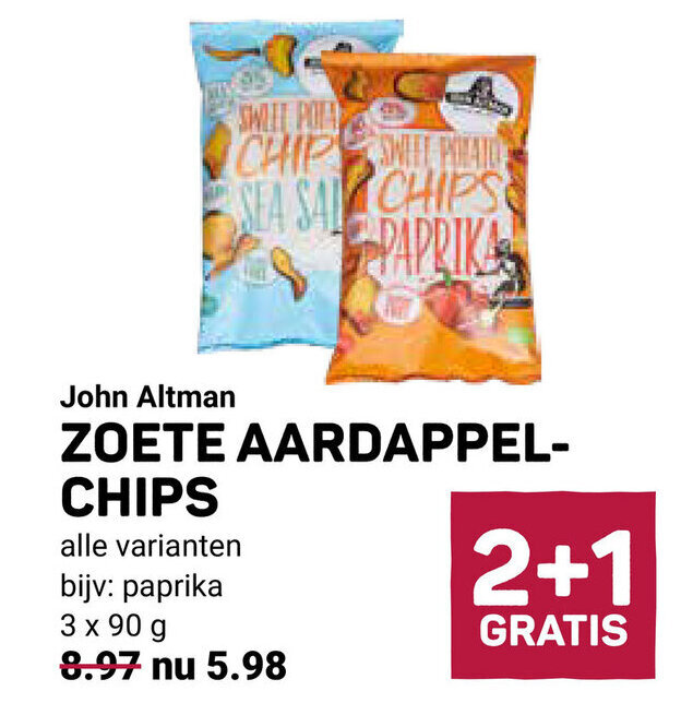 John Altman ZOETE AARDAPPEL CHIPS 3 x 90 g aanbieding bij Ekoplaza