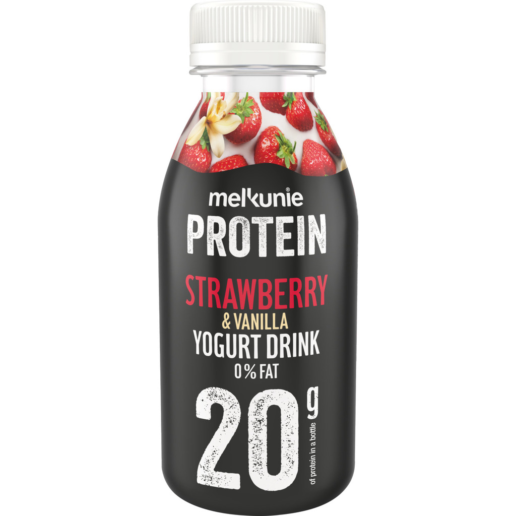 Melkunie protein yoghurt drink aardbei vanille aanbieding bij Dekamarkt