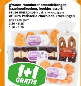 Poiesz G'woon roomboter amandeltongen, hazelnootkoeken, koekjes assorti, reuze mergpijpen pak à 175-350 gram of euro patisserie choc aanbieding