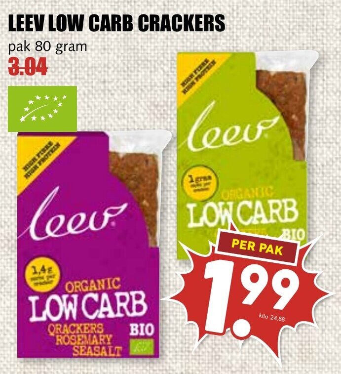 LEEV LOW CARB CRACKERS 80 gram aanbieding bij De Boerenschuur
