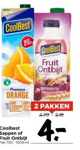 Vomar Voordeelmarkt Coolbest sappen of fruit ontbijt aanbieding