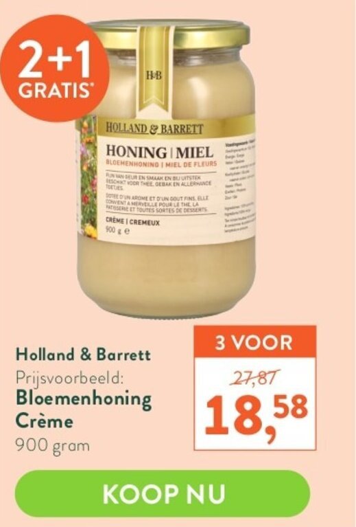 Holland & Barrett Bloemenhoning Crème 900 gram aanbieding bij Holland