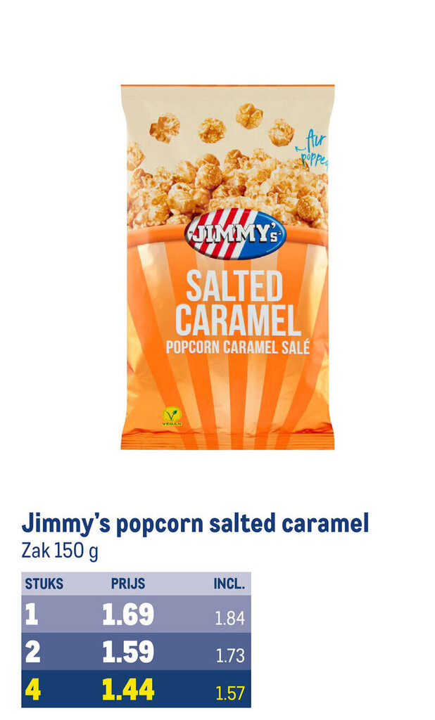 Jimmy's popcorn salted caramel Zak 150 g aanbieding bij Makro