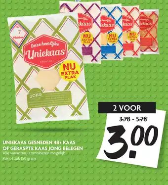 Dekamarkt Uniekaas gesneden Kaas 48+ of Geraspte kaas jong belegen 2*150g aanbieding