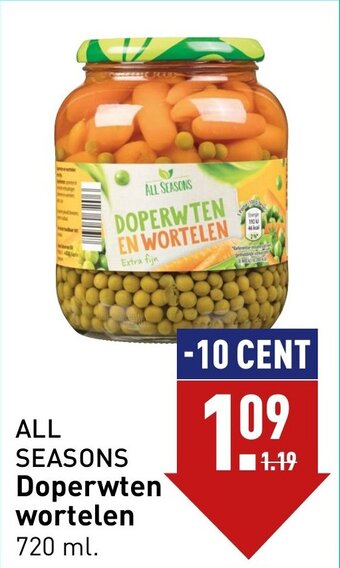 ALDI ALL SEASONS Doperwten wortelen 720 ml. aanbieding