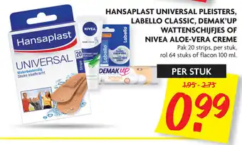 Dekamarkt Hansaplast Universal pleisters, Labello classic, Demak'Up wattenschijfjes of Nivea Aloe-vera creme aanbieding