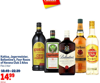 Makro Kahlua, jagermeister, ballantine's, four roses of havana club 3 años aanbieding